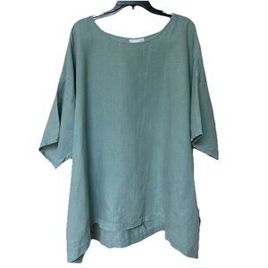 La Fixsun Linen Tunic Top Lg Short Sleeve Green Oversized Lagen Boho Minimalist